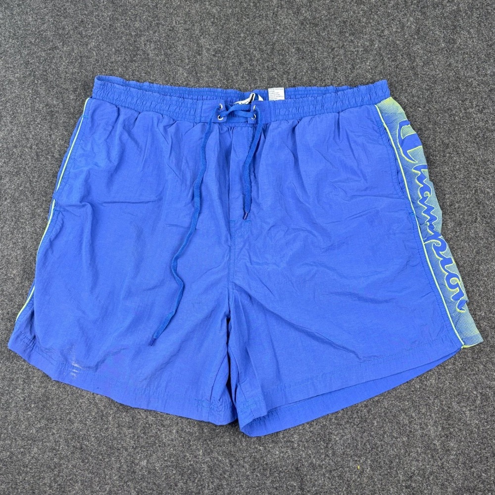Champion Mens Blue Nylon Swim Trunks XL Neon Green Logo Mesh Lined Board Shorts